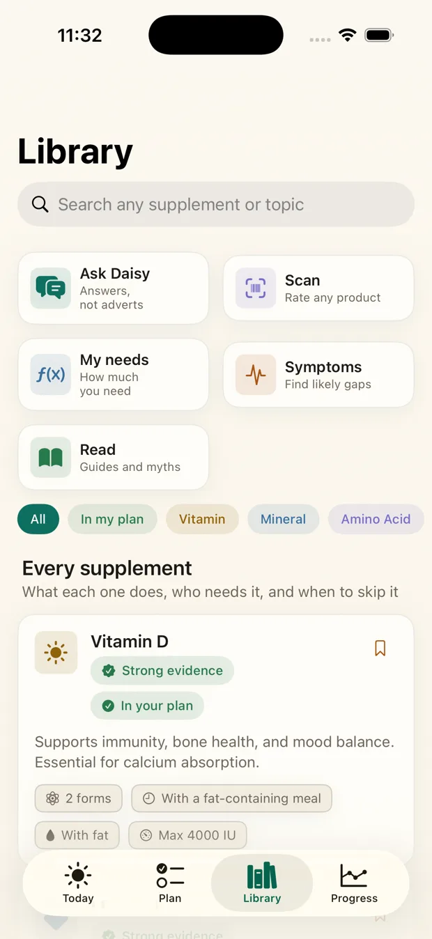 Daisy's library of supplements, searchable, with evidence badges and safe upper limits on each entry.