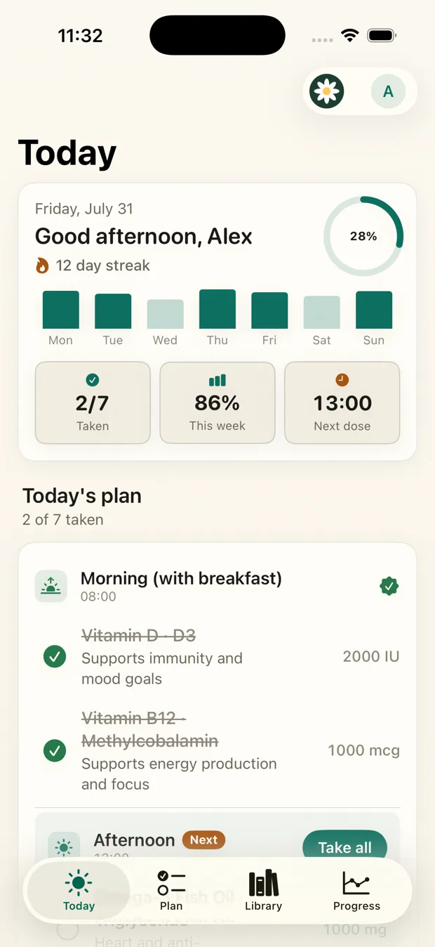 The Daisy home screen showing today's supplement schedule, a streak and daily progress.