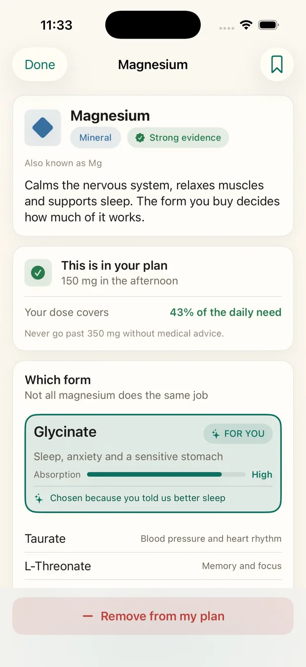 A supplement page in Daisy with a 'Which form' card recommending magnesium glycinate, saying it was chosen because the user asked for better sleep.
